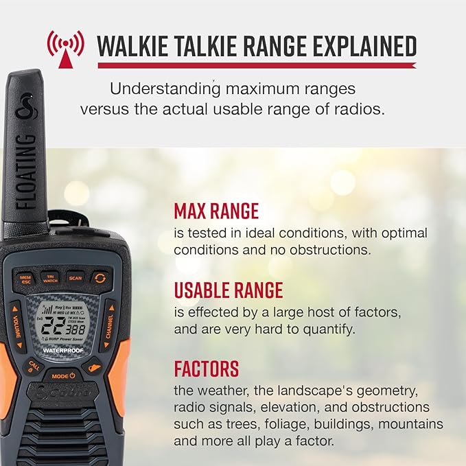 Cobra ACXT1035R FLT Floating and Waterproof Walkie Talkies for Adults & Compatible Cobra Surveillance Headset: Rechargeable, 22 Channels, Long-Range, 2 Two-Way Radios, 2 Headsets, Black/Orange