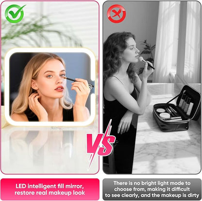 Makeup Box with Detachable Lighted Mirror–Travel Train Case, Cosmetic Storage Organizer & Makeup Suitcase with Adjustable Dividers & Magnetic LED Mirror (Pink)