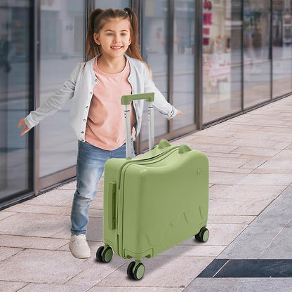 18" Ride-On Kids Suitcase with Double Spinner Wheels, Lightweight Tow-Along Luggage Carry-on Hardside Trolly Case with Password Lock, Rolling Children's Travel Luggage for Travel, School (Olive-green)