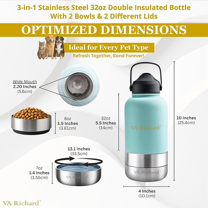 32oz Stainless Steel Dog Water Bottle, 3 in 1 Double-Walled Insulated, with 2 Bowls & 2 Different Leak-Proof Lids, Portable Travel Water Bottle for Pet & Humans, BPA-Free, Ideal for Walking & Outdoor