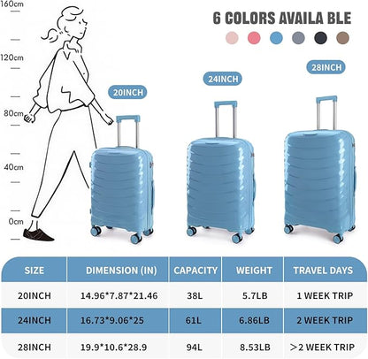 LARVENDER Luggage Sets 3 Piece, Hardside PP Carry On Luggage Suitcase with 360° Spinner Wheels Suitcase Sets for Women Men, Blue
