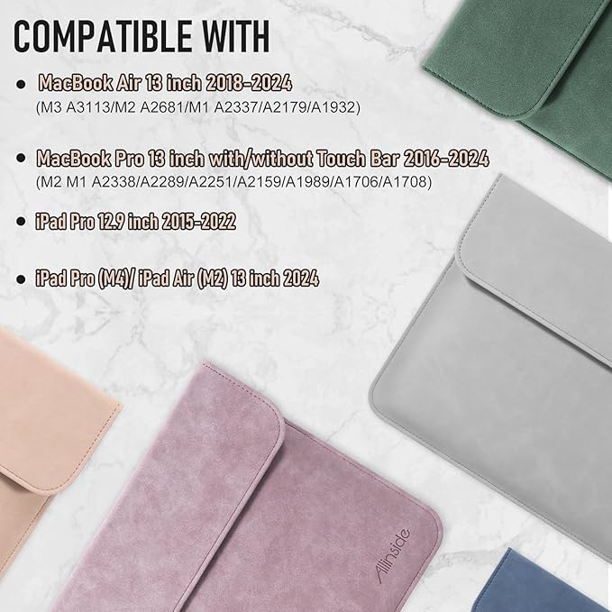 Allinside 13 Inch Laptop Sleeve Case for MacBook Air 13 2018-2025/MacBook Pro 13 2016-2022/Macbook Pro 14 2021-2024, Waterproof Matte PU Leather Horizontal Envelope Protective Case Cover, Purple