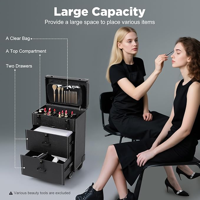 Rolling Makeup Case w/ 4 Keys, 3-tier Lockable Makeup Train Case w/ Drawers, Detachable Nail Polish Organizer, Travel Cosmetic Case w/ 3-gear Telescopic Rod, 13.98*9.06*22.64in, Black Latch+Black