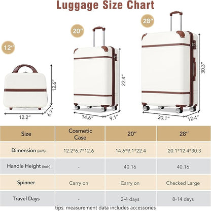 Merax Luggage Set, 2 Piece Luggage with Cosmetic Case, Vintage Hardcase Suitcase with Wheels, Expandable Luggage Airline Approved(White,20"+28")