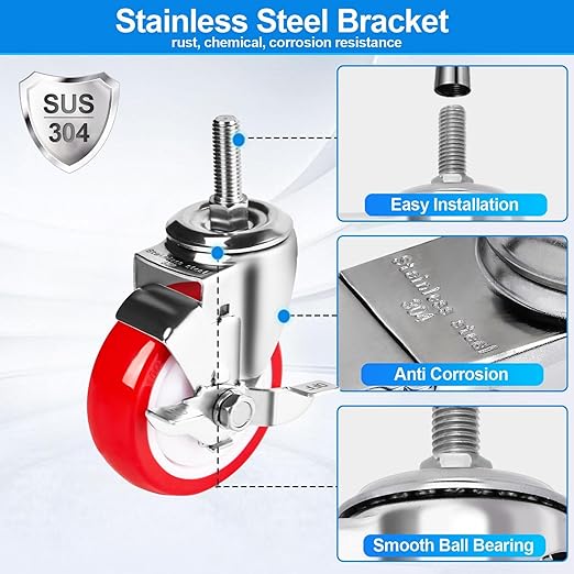 4 inch Stainless Steel Caster Wheels Heavy Duty, 1/2"-13x1-1/2 Threaded Stem Casters with Side Brake, Rust Resistant, Polyurethane PU Wheels for Hospital, Lab, Furniture, Restaurant