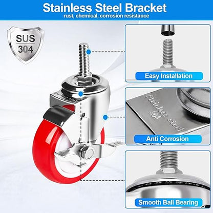 4 inch Stainless Steel Caster Wheels Heavy Duty, 3/8"-16x1 Threaded Stem Casters with Side Brake, Rust Resistant, Red Polyurethane PU Wheels for Hospital, Lab, Furniture, Restaurant