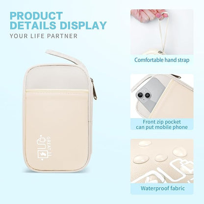 Electronics Travel Organizer,Portable Waterproof Electronic Travel Storage Bag for Small Charging Cord Storage,Charger,Small Electronics,SD Card,with 5 Cable Ties,for Travel,Business-Beige