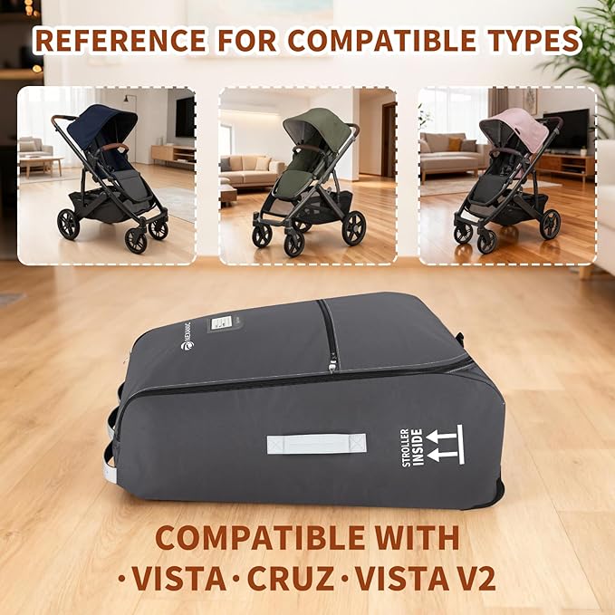 Stroller Bag for Airplane, Stroller Travel Bag Compatible with UPPAbaby Vista, Vista V2, Cruz V2, Rolling Wheel Bag with Storage Pocket, Multiple Handles, Luggage Tag for Flight Travel, Grey