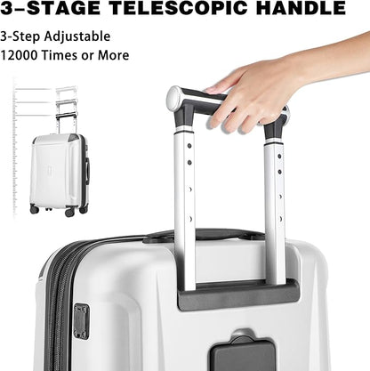 Luggage Sets 3 Piece with Cup Holder & USB Port, Expandable PC Hardside Durable Suitcases with Spinner Wheels & TSA Lock, 20/24/28 Inch, White