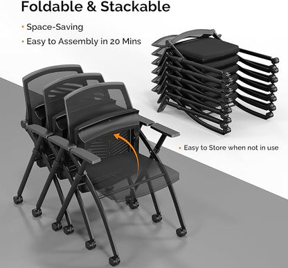 VINGLI 6 Pack Stackable Conference Room Chairs with Wheels, Folding Office Chair with Rebound Back, Padded Seat for Training Room, Guest, Reception, Event, Capacity 350lbs, Black