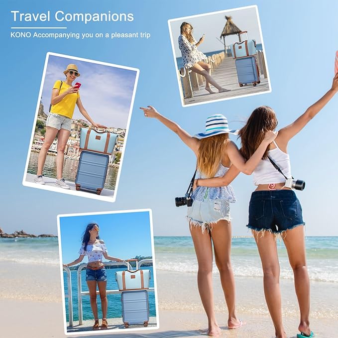 Kono Luggage Set 4 Piece Carry On Lightweight PC+ABS Hardside Luggage with TSA Lock Spinner Wheels Carry On Suitcase Apricot Blue