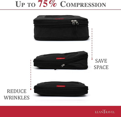 LeanTravel Compression Packing Cubes for Travel Organizers with Double Zipper (6-Pack (2L+2M+2S), Black)