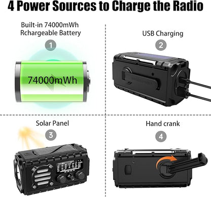 20000mah Hand Crank Emergency Radio, SW/NOAA/AM/FM Weather Radio, Solar Powered Hand Crank Charger with Big Battery Powered, Portable, Cellphone Charge, SOS, Flashlight for Emergency/Home (Black)