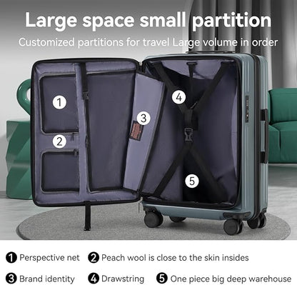 24 Inch Checked Large Luggage with Spinner Wheels Front Opening Rolling Suitcase for 5-7 Days Travel, Scratch Resistant PC Hardshell TSA Lock Cup Holder Specially Designed Ergonomic Pull Rod Handle