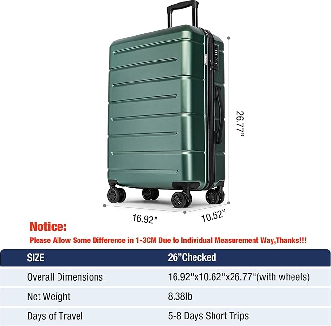 KYME 26 Inch Luggage TSA Approved Hardshell Suitcases with Spinner Wheels Durable Medium Travel Checked Luggage with Cup Holder for Women Men Green