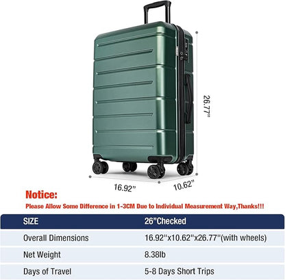 KYME 26 Inch Luggage TSA Approved Hardshell Suitcases with Spinner Wheels Durable Medium Travel Checked Luggage with Cup Holder for Women Men Green