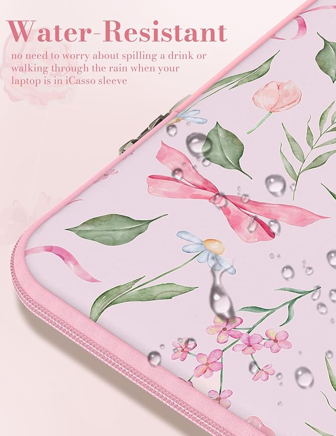 iCasso Laptop Sleeve 13 inch for MacBook Air 13-13.6 inch,Cute Laptop case for MacBook Pro 13 inch 14 inch, Slim Protective Travel Carrying Case Sleeve for 14 inch Chromebook, HP, Flower Bow Pink