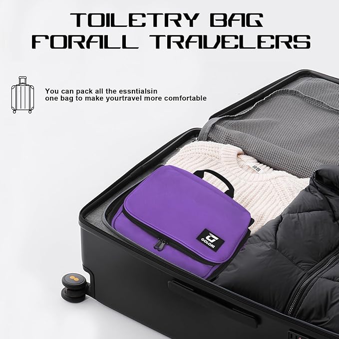 Goloni Hanging Toiletry Bag with Hook, Large Makeup Bag Travel Organizer, Water-Resistant Hanging Cosmetic Bag with 10 Compartments for Women & Men,Purple