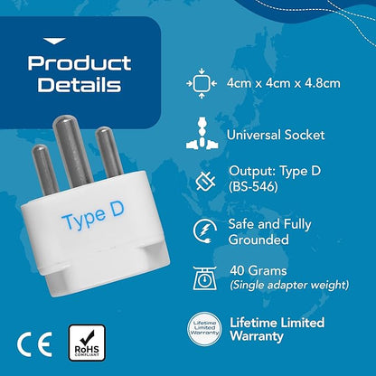 Ceptics India Travel Plug Adapter (Type D) for Pakistan, Nepal, Bangladesh - 3 Pack [Grounded & Universal] (GP-10-3PK)