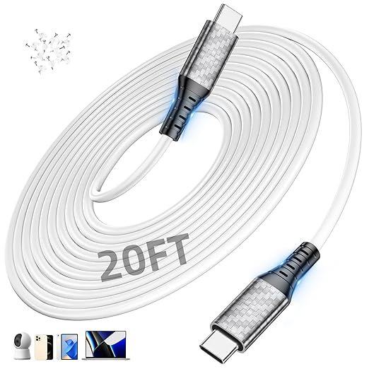 60W Charging Cable USB C to USB C Cord 20ft, PD Fast Charge Cable for iPhone 17 16 15/Samsung S25 S24 S23/Pixel 10 9,Data Transfer Wire/Type-C Power Cable for MacBook/iPad/Laptop/Security Camera,White