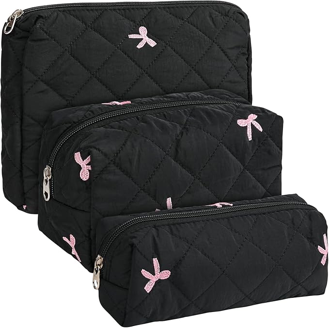 Quilted Makeup Bag Set,3 Pcs Puffy Cosmetic Bags Aesthetic Make Up Bags,Small Zipper Pouch,Travel Toiletry Bag Purse Organizer Pouches for Women (Black-Bow)