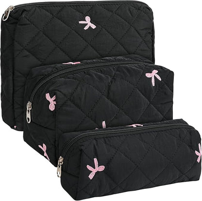 Quilted Makeup Bag Set,3 Pcs Puffy Cosmetic Bags Aesthetic Make Up Bags,Small Zipper Pouch,Travel Toiletry Bag Purse Organizer Pouches for Women (Black-Bow)