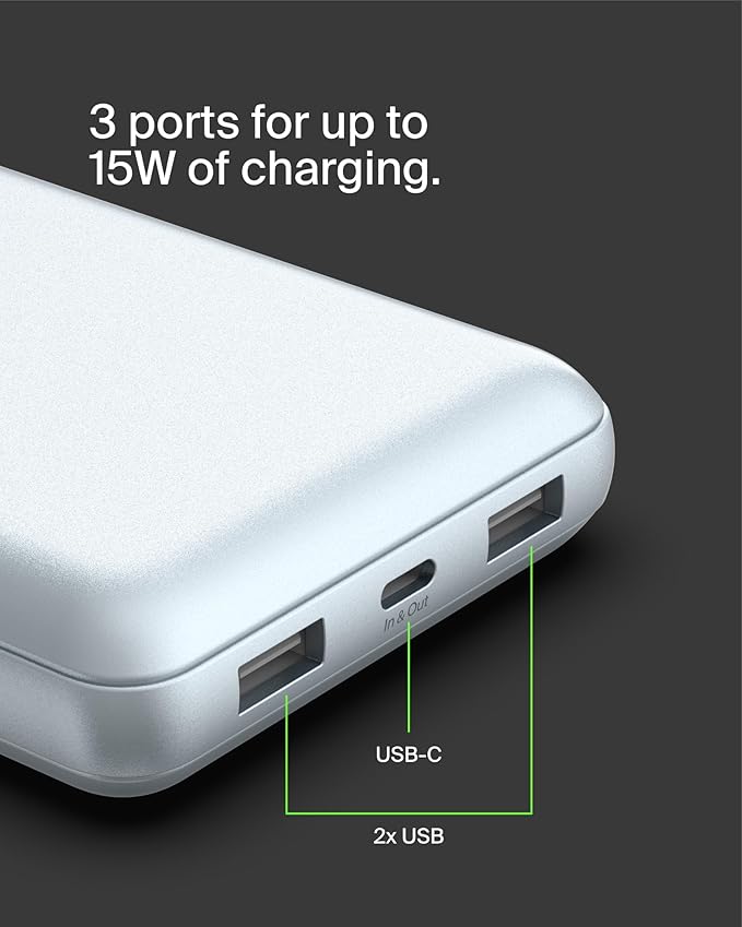 Belkin Portable Charger, USB-C Power Bank 20000 mAh w/ 2 USB-A Ports, 15W w/Type-A to Type-C Cable for iPhone 17, Air, Samsung Galaxy S25, iPad, Nintendo Switch 2, Google Pixel 10, etc. - Pearl Blue