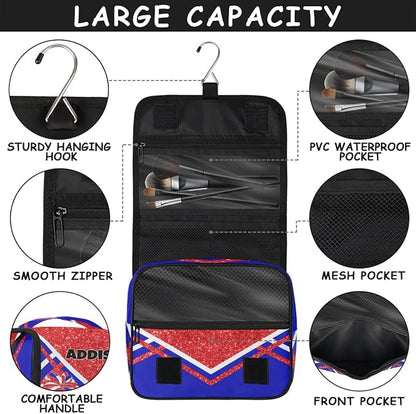 Customized Travel Cheer Hanging Toiletry Bag for Women, Waterproof Large Cosmetic Bag Makeup Cosmetic Organizer Case Bag, Red Glitters Royal Blue