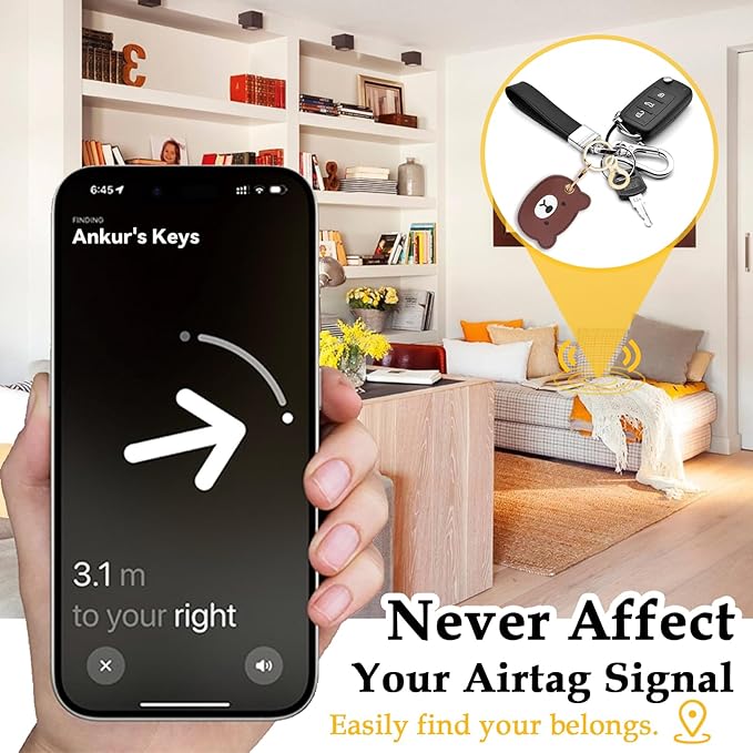 Leather Keychain for Airtag, Cute Protective Keychain Holder Compatible with Apple Air Tag,GPS Item Tracker Case Cover for Keys,Bags,Pets,Luggage(Bear)