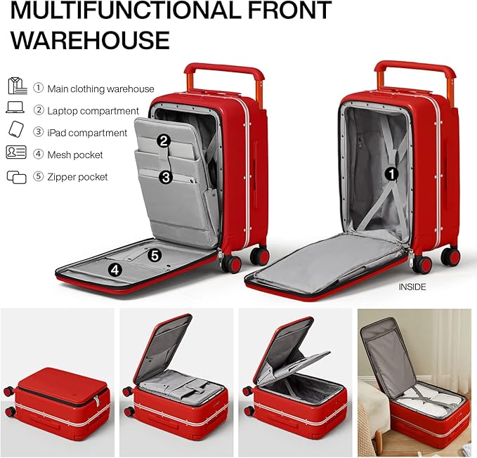 mixi Carry On Luggage 20'' Suitcase with Front Laptop Pocket, Wide Handle Rolling Travel Suitcases PC Hardshell with Aluminum Frame Spinner Wheels & TSA Lock, Carry-On Luggage(Red)