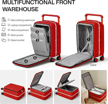 mixi Carry On Luggage 20'' Suitcase with Front Laptop Pocket, Wide Handle Rolling Travel Suitcases PC Hardshell with Aluminum Frame Spinner Wheels & TSA Lock, Carry-On Luggage(Red)