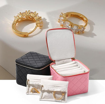 Travel Jewelry Box Organizer - Small Jewelry Case with 6 Small Velvet Zipped Pouches Pockets for Jewelry Necklaces Rings Earrings Storage(Black)