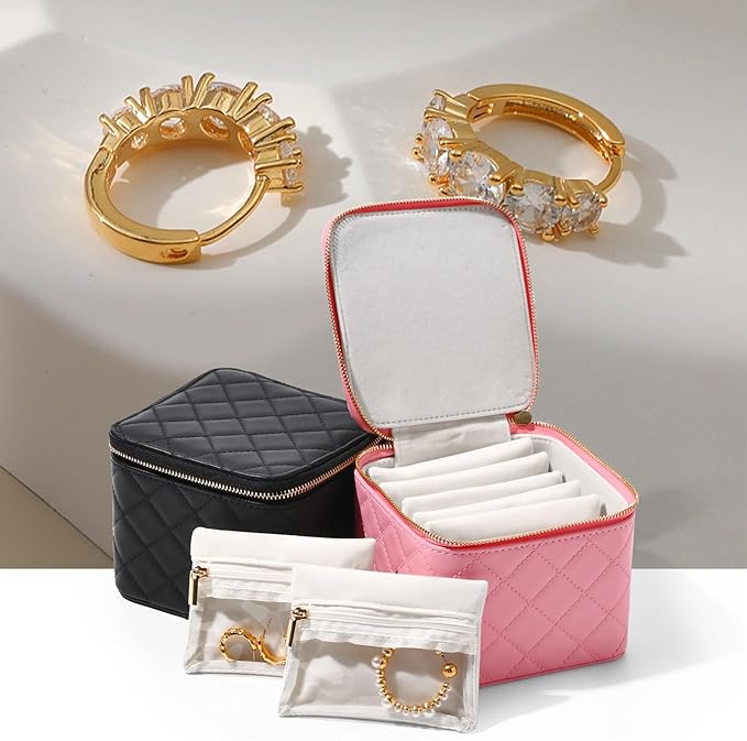 Travel Jewelry Box Organizer - Small Jewelry Case with 6 Small Velvet Zipped Pouches Pockets for Jewelry Necklaces Rings Earrings Storage(Pink)