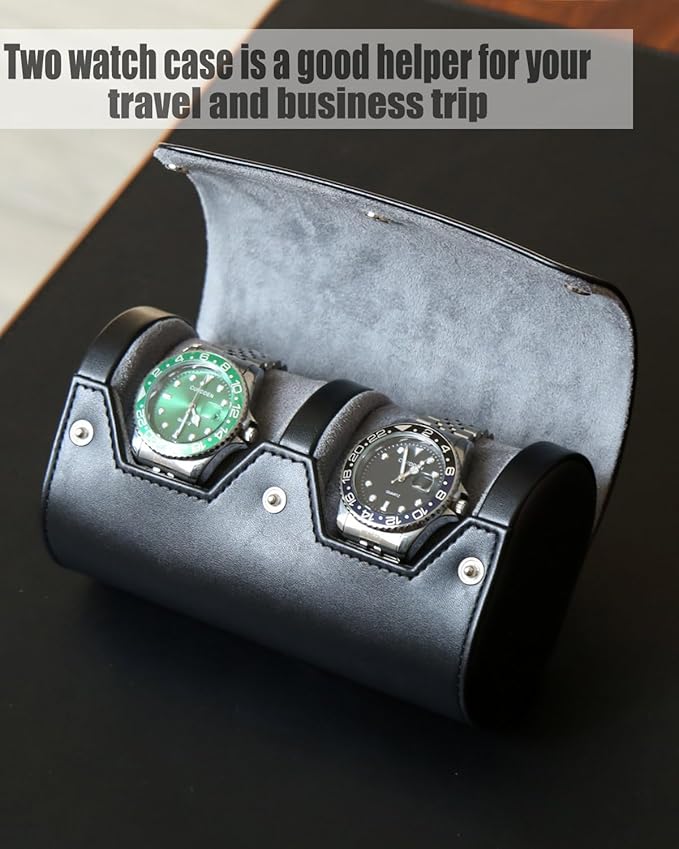 Watch Roll Travel Case for Men and Women with Suede Lining Portable 2 Slot Watch Display Storage and Organizer to Holder Large Watch(2 slot black)