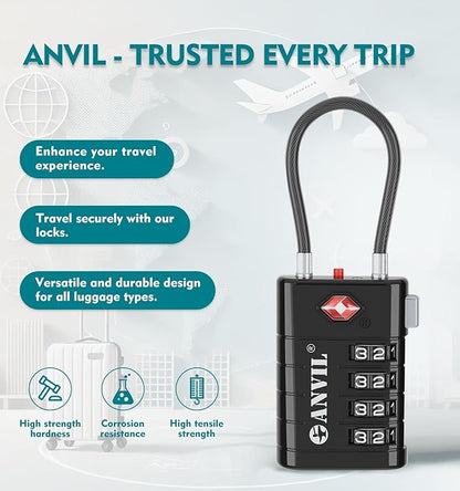 ANVIL 4 Digit Luggage Locks, TSA Locks for Luggage, Advanced TSA008 core, Alert Indicator for Your Travel Lock, Suitcase Lock. (4, Black)