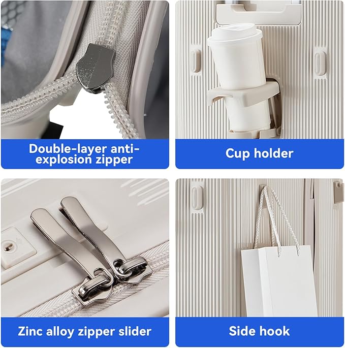 Travel Luggage Sets 3 Piece with Spinner Wheels, PC Hardside Suitcase Set for Family Trips with Cup and Phone Holder, Beige