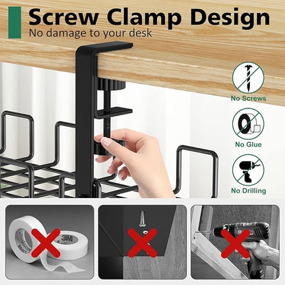 REFLYING Under Desk Cable Management Tray, L 15.7'' W 6.3'' No Drill Steel Desk Cable Organizers, Wire Management Tray
