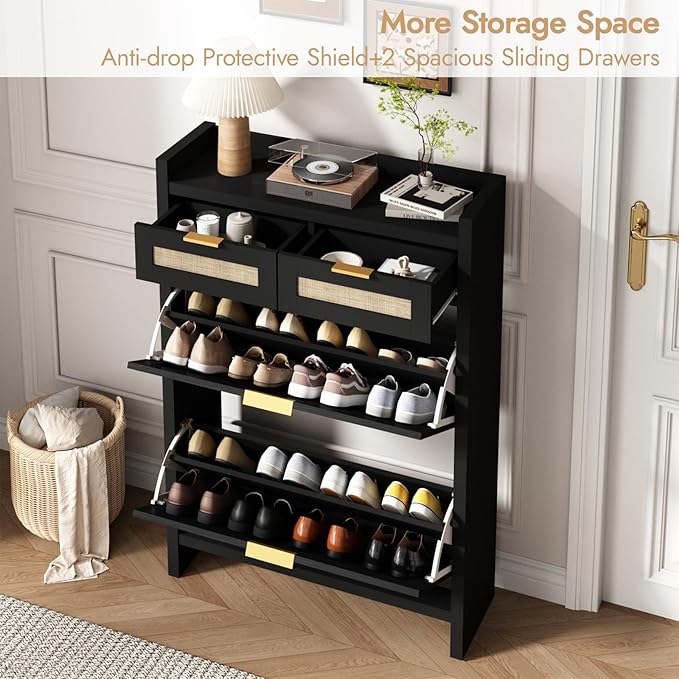 Rattan Shoe Storage Cabinet with 2 Drawers & 2 Flip Drawers – Hidden Slim Shoe Organizer for Entryway, Large Tabletop Space, Farmhouse Boho Narrow Shoe Rack, Rustic Black