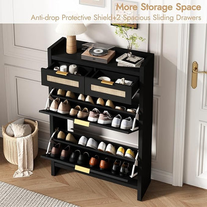 Rattan Shoe Storage Cabinet with 2 Drawers & 2 Flip Drawers – Hidden Slim Shoe Organizer for Entryway, Large Tabletop Space, Farmhouse Boho Narrow Shoe Rack, Rustic Black