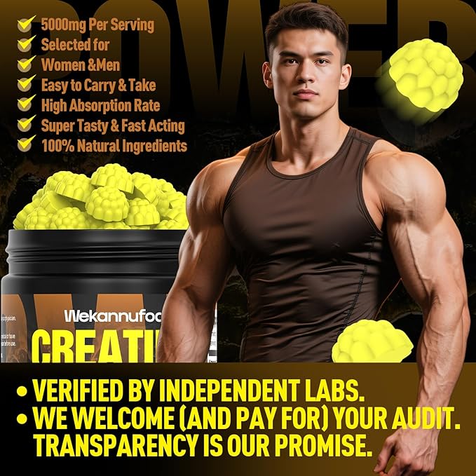 Creatine Monohydrate Gummies for Men & Women - 5,000mg Sugar-Free Creatine Supplement - Exclusive Soft Texture Technology, Non-GMO, (Pineapple - 90 Ct)