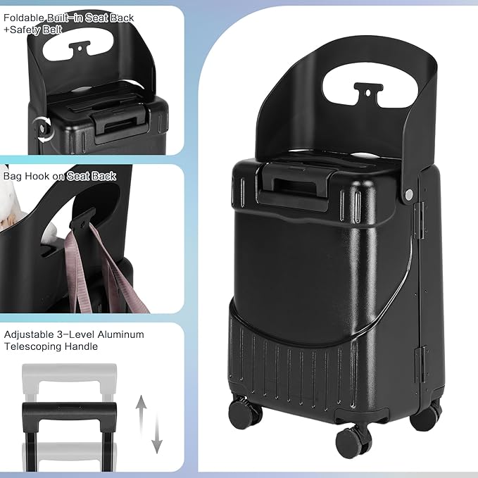 smilesun 22" Carry On Luggage with Seat For Kids & Adults，Hardside Ride On Suitcase Front Opening with 360°Spinner and TSA Lock For Travel (Black with Front Open, 22")