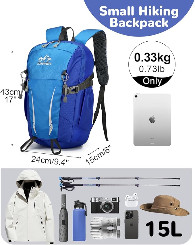 15L Small Padded Hiking Backpack with Chest Strap for Men Women, Lightweight Waterproof Daypack for Travel, Blue