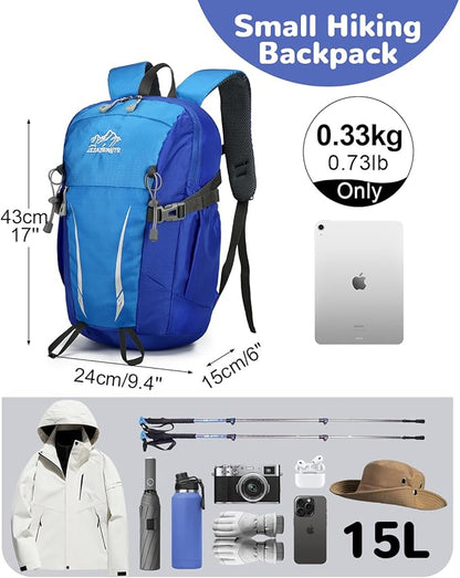 15L Small Padded Hiking Backpack with Chest Strap for Men Women, Lightweight Waterproof Daypack for Travel, Blue