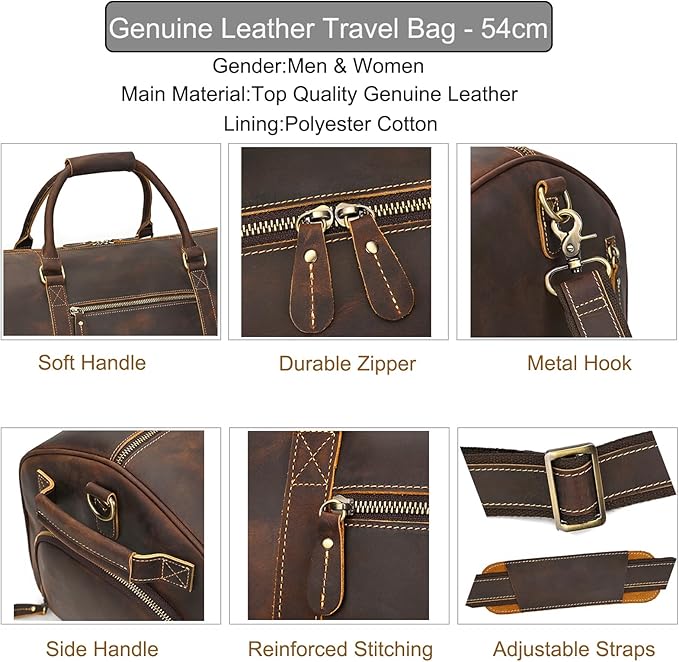 Genuine Full-grain Leather Travel Bag Large Capacity Duffel Luggage Bag with Shoe Compartment, Men Women Weekend Shoulder HandBag for Holiday Trip