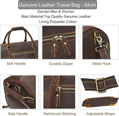 Genuine Full-grain Leather Travel Bag Large Capacity Duffel Luggage Bag with Shoe Compartment, Men Women Weekend Shoulder HandBag for Holiday Trip