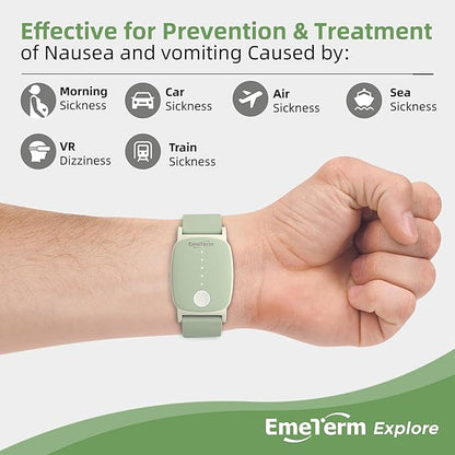 EmeTerm Explore FDA-Cleared Anti-Nausea Wristband IP67 Waterproof Morning Motion Sickness Relief Band Rechargeable Classic Strap Design Drug Free Non-drowsy Without Side Effects Mint Green