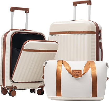Merax Luggage Sets 3 Piece,Front Open Hardshell Expandable Suitcase with Spinner Wheels and Duffel Bags,Lightweight Carry on Luggage with USB Port,20/24IN,White and Brown