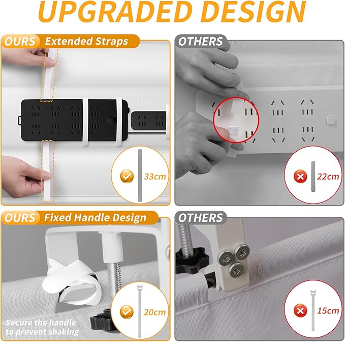 Under Desk Cable Management Tray, No Drill Desk Cord Organizer with Clamp, 28" Fabric Cable Management for Standing Desk Office & Home, White