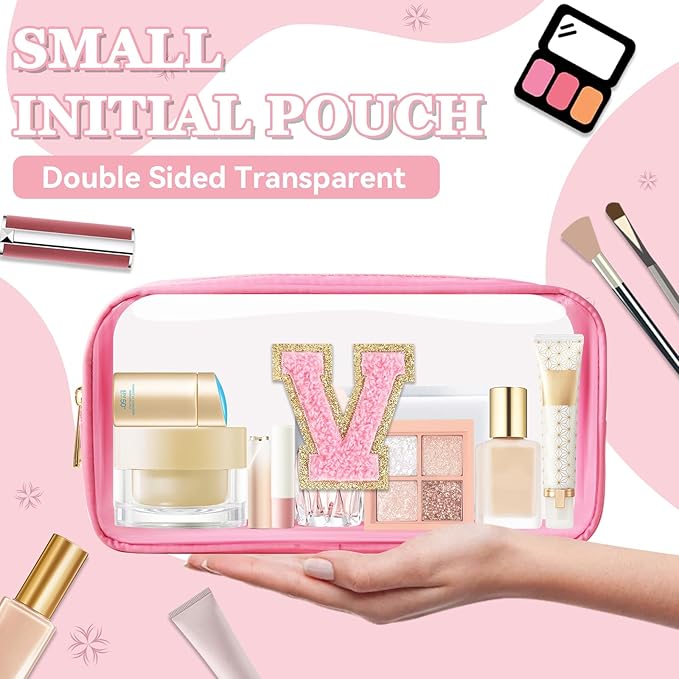 Small Clear Personalized Initial Makeup Bag, Preppy Nylon A-Z Chenille Letter Patch Makeup Organizer TSA Approved Travel Toiletry Bag,Waterproof Zip Beach Cosmetic Pouch Purse for Women(Pink-Pink V)