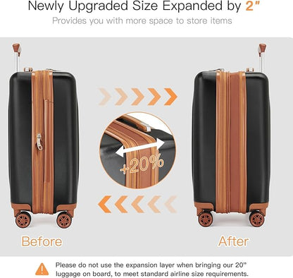 Kono Small 20 Inch Expandable Carry On Luggage with Quiet Spinner Wheels & TSA Lock, Scratch and Drop Resistant PC+ABS Hardside 22x14x9 Airline Approved Suitcase, Black & Brown